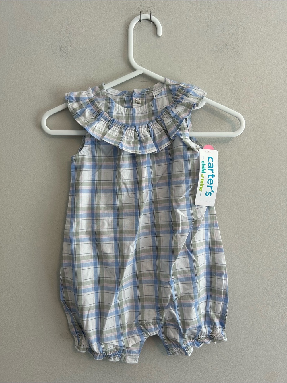 NEW Carter's 3/6m green & blue Plaid Ruffle Neck sleeveless  Romper